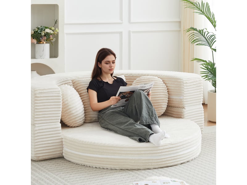  Canapé lit 4 en 1 modulable, canapé convertible rond en velours côtelé beige, 1 place  - Conforama R