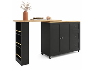 Îlot de cuisine pivotant 203x39x106 cm à roulettes 3 tiroirs mdf noir