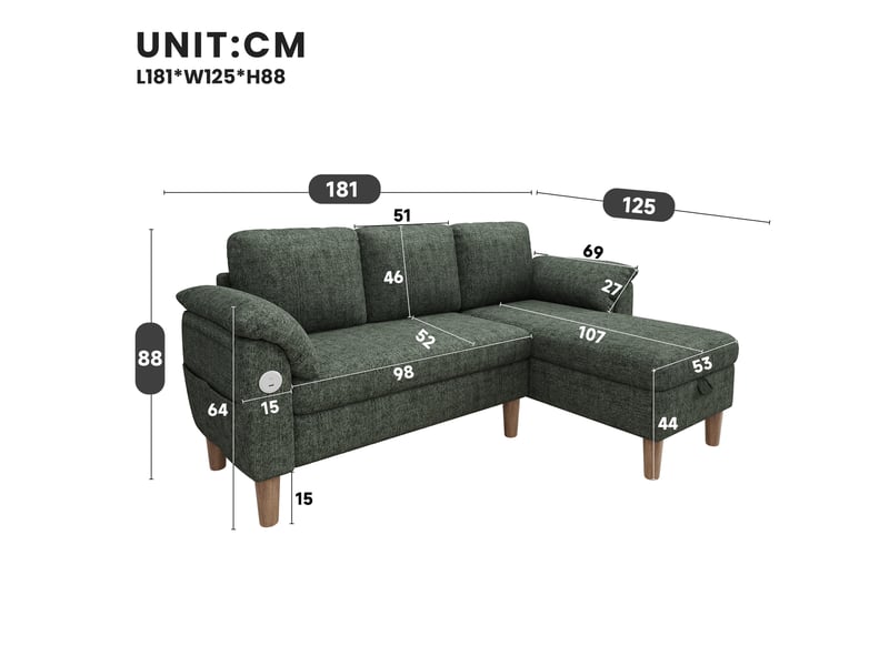 Canapé d'angle xxl 3 places 181x125 cm avec méridienne réversible, rangement intégré, usb et usb-c, tissu chenille - vert OPULERANE TRADING LTD - Conforama C