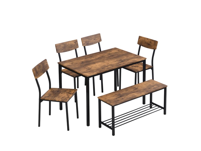 Ensemble salle à manger style industriel, table avec quatre chaises et un banc, plateau mdf brun et structure en acier noir - Conforama W