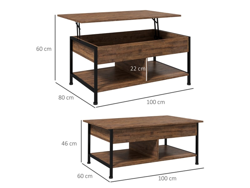  Table basse relevable table de salon compartiment caché 2 étagères inférieures 100 x 80 x 60 cm noir marron rustique  - Conforama C