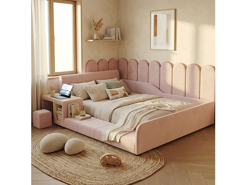  Lit enfant 140x200 cm avec bureau, tabouret et étagère en velours rose  - Conforama B