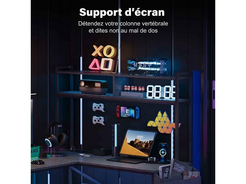  Bureau d'angle informatique en l réversible avec prises intégrées étagères noir  - Conforama D