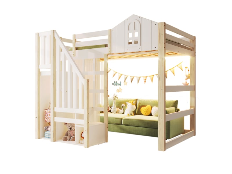  Lit mezzanine tcqpz 140 x 200 cm avec led, fenêtre, escalier de rangement, voile, sans matelas, blanc et naturel  - Conforama A