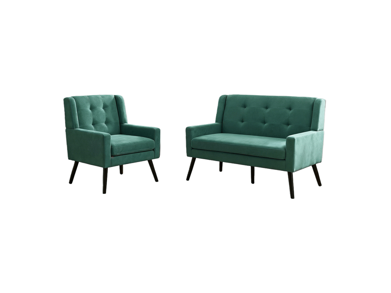  Lot de 2 fauteuils d'accent 1 place &amp; 2 places mousse haute densité pieds en bois vert rétro  - Conforama A