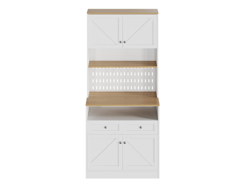 Buffet cuisine blanc et bois naturel, meuble vaisselier avec 2 tiroirs et 4 portes, design style grange pour salle à manger - Conforama A