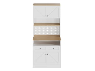 Buffet cuisine blanc et bois naturel, meuble vaisselier avec 2 tiroirs et 4 portes, design style grange pour salle à manger