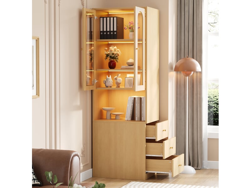  Bibliothèque haute 60x40x200 cm, led, vitrine en verre trempé, tiroirs latéraux, meuble salon et bureau, mdf, chêne  - Conforama E