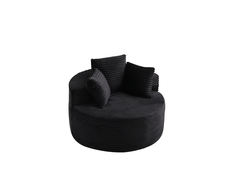 Fauteuil rond 110x110x82 cm avec trois coussins décoratifs, en velours côtelé, noir - Conforama A