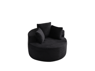 Fauteuil rond 110x110x82 cm avec trois coussins décoratifs, en velours côtelé, noir