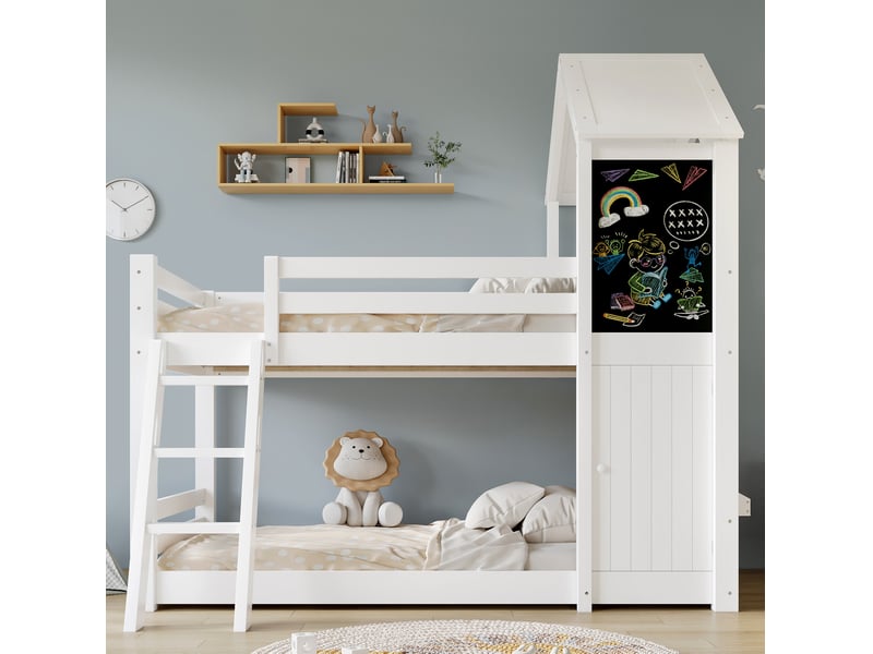 Modenvie lit superposé enfant 90x200 cm - avec tableau, fenêtres et toit, sans matelas - blanc - Conforama E