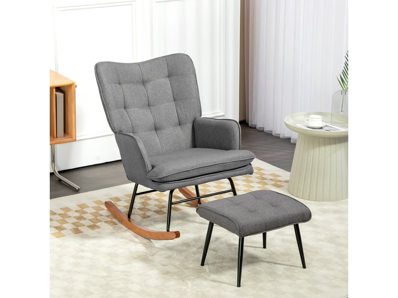  Fauteuil à bascule avec repose-pieds, confortable, jusqu'à 130 kg, aspect lin, 64 x 89 x 90 cm, gris foncé  - Conforama D