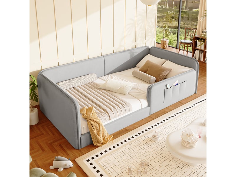  Lit plateforme 90x200 en lin gris - cadre bas sécurisé avec poches de rangement  - Conforama W