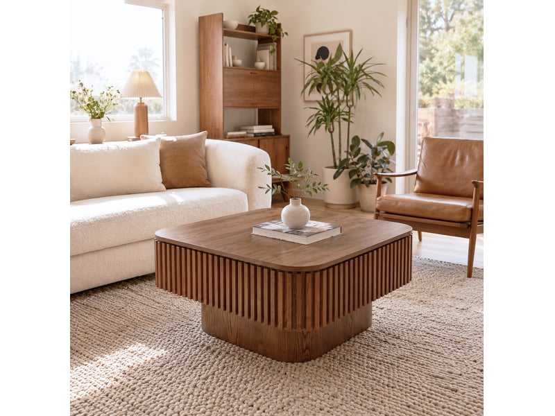  Table basse carrée 75 cm en mdf plaqué bois foncé, rangement caché et relief cannelé pour un salon ordonné  - Conforama B