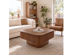 Table basse carrée 75 cm en mdf plaqué bois foncé, rangement caché et relief cannelé pour un salon ordonné