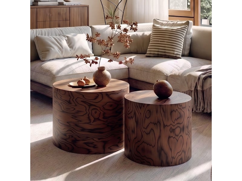  Lot de 2 tables basses gigognes - ø48x38cm et ø38x32cm - tables rondes tambour en bois motif végétal salon - marron  - Conforama D