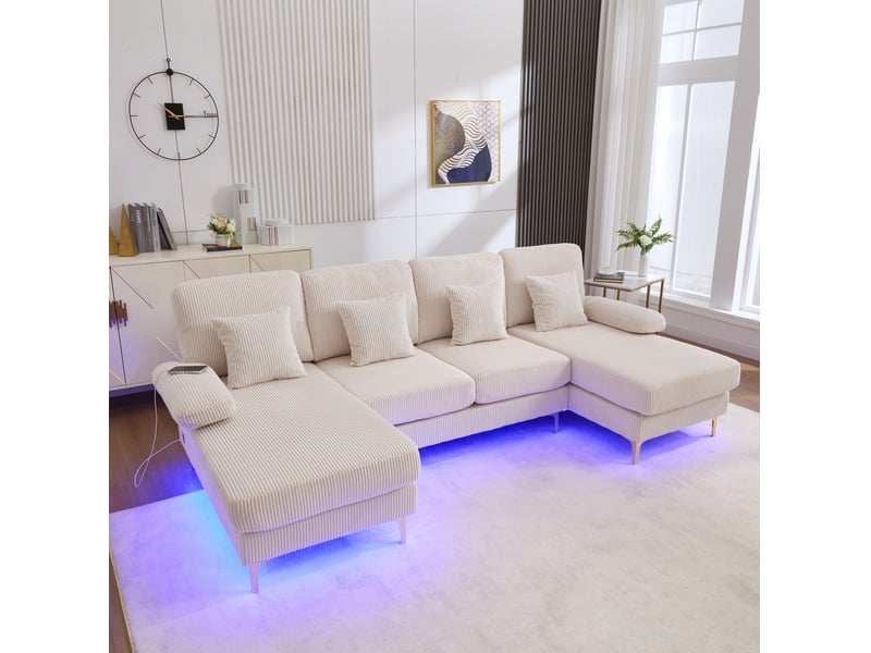 Canapé panoramique en u 4 places avec led et port usb-c, 4 coussins, dossier ergonomique, velours côtelé beige - Conforama B