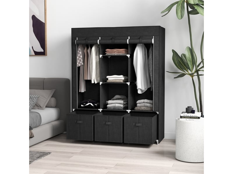  Armoire textile pliable avec 2 penderies,5 étagères,3 tiroirs et housse zippée en non-tissé,125×43 ×162.5 cm,noir  - Conforama B