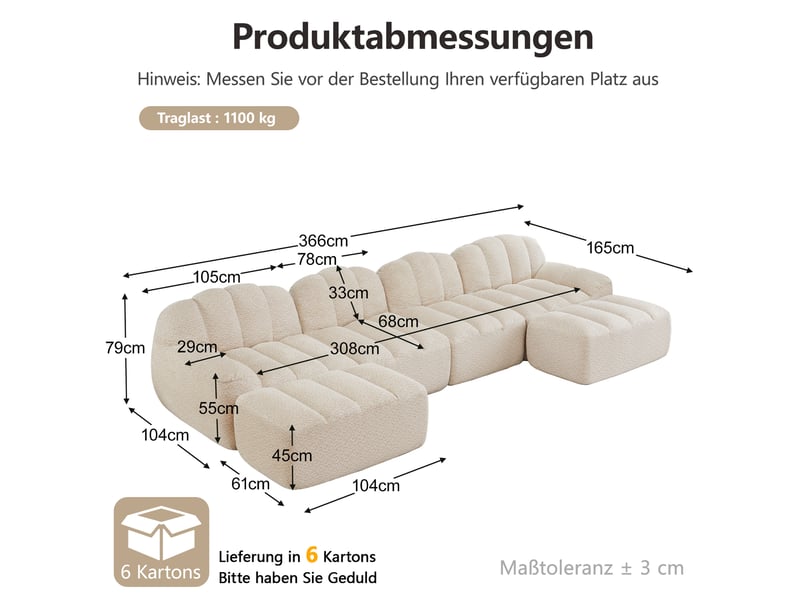 Canapé d'angle modulable 4 places en tissu bouclette beige, avec 2 ottomans, assise profonde pour le salon - Conforama C