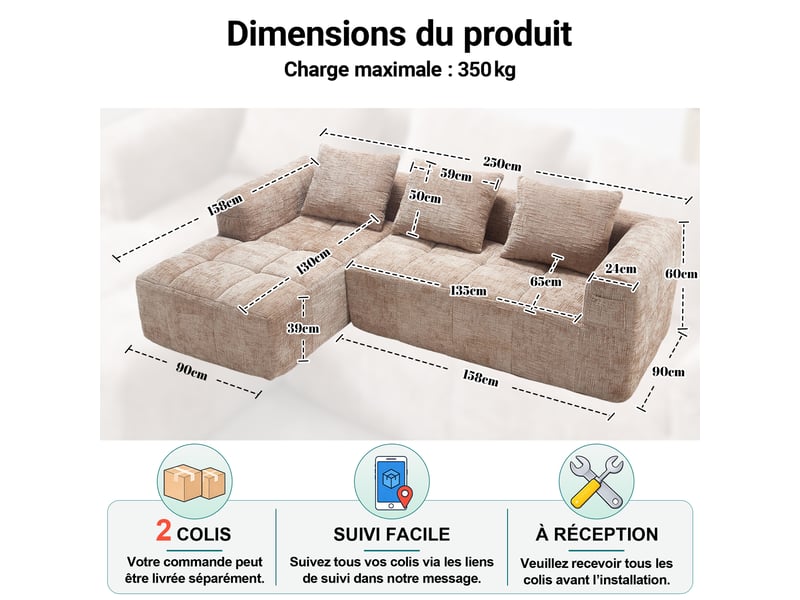  Canapé d'angle modulable 3 places avec chaiselongue, poches latérales et 3 coussins en chenille kaki  - Conforama D