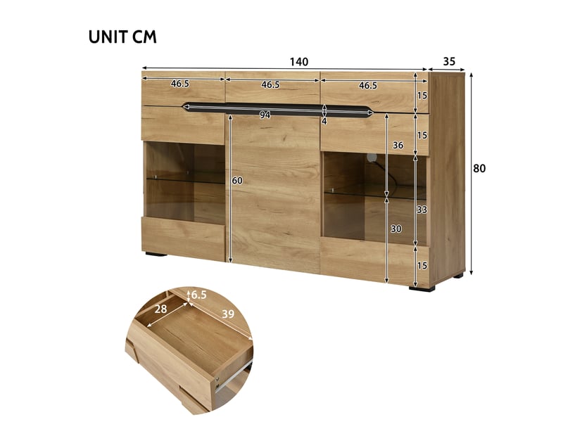  Buffet bas 140x35x80 cm 3 portes 3 tiroirs led coloris chêne clair  - Conforama C