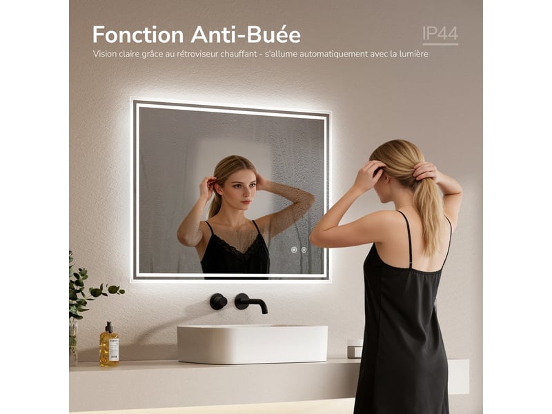  Emke miroir lumineux salle de bain 70x90cm, miroir led avec l'éclairage,interrupteur tactile, anti-buée,lumière blanche froide  - Conforama C