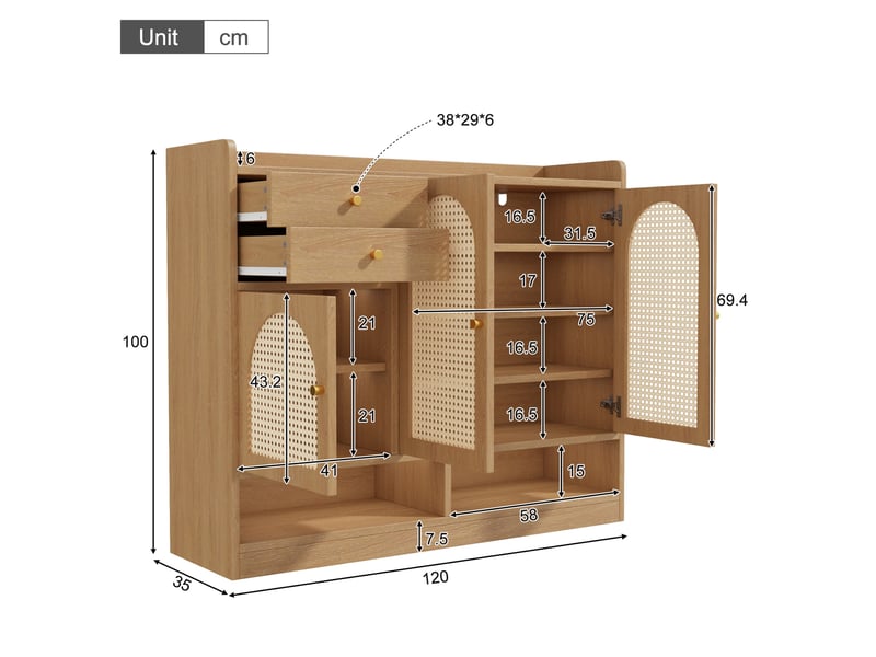  Meuble à chaussures tcqpz 120 x 35 x 100 cm 3 portes en rotin 2 tiroirs led naturel  - Conforama C