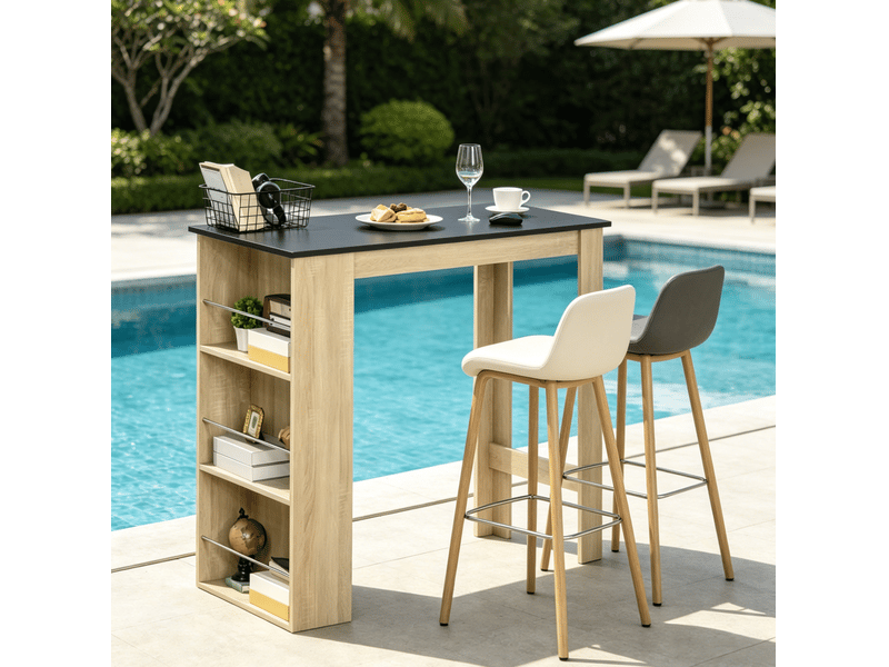  Table de bar 112x57x106 cm avec rangement panneau de particules noir et chêne  - Conforama C