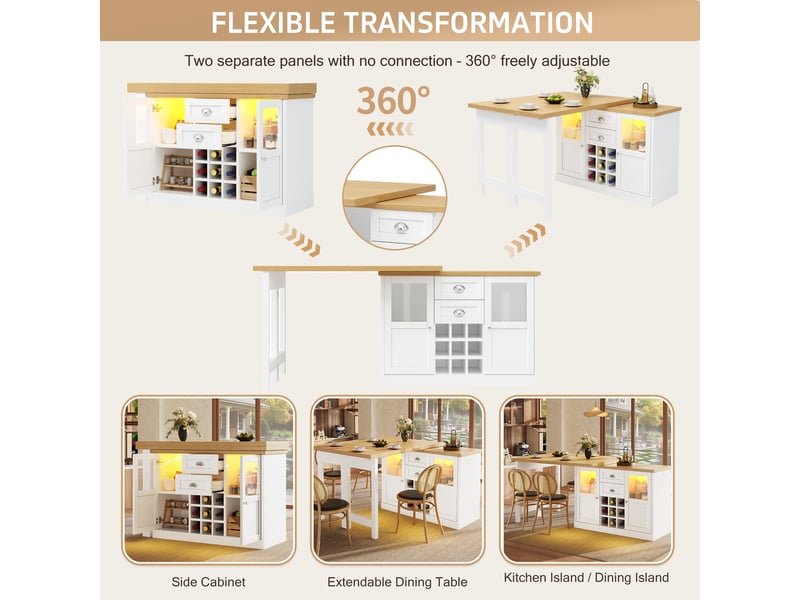 Table extensible pivotante à 360° avec rangement et led pour cuisine en mdf 120-197×40×72 cm blanc - Conforama C