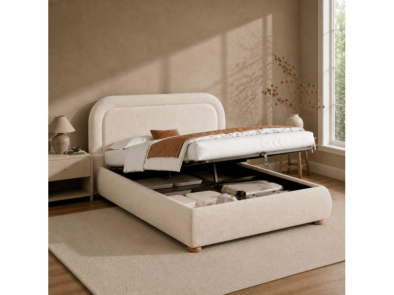 Lit coffre 140x190 cm bouclé beige avec tête de lit rembourrée et sommier à lattes - Conforama E