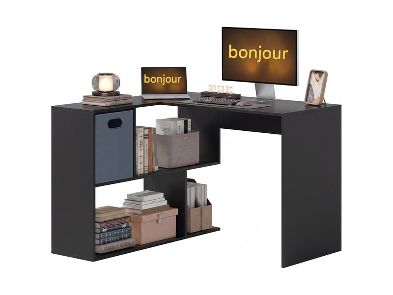  Bureau d'angle avec tiroir en tissu et étagères noir 110 x 100 x 75 cm  - Conforama B