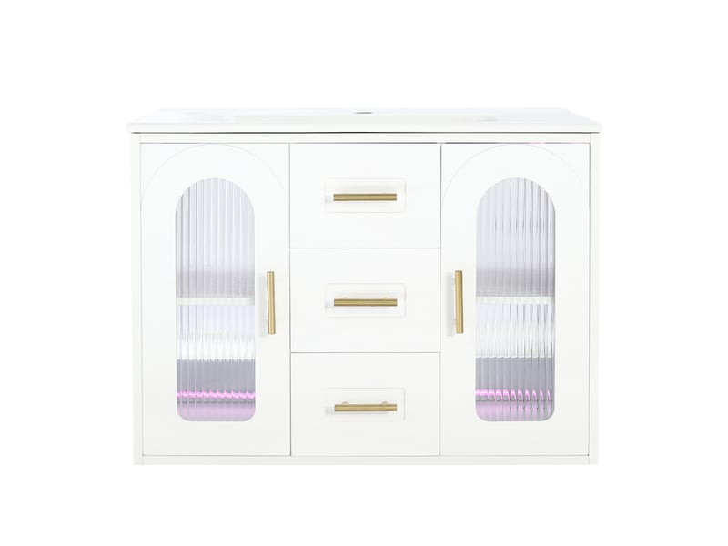 Meuble vasque mural blanc 76 cm avec lavabo, porte en verre strié, led et tiroirs - Conforama A