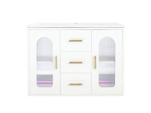 Meuble vasque mural blanc 76 cm avec lavabo, porte en verre strié, led et tiroirs