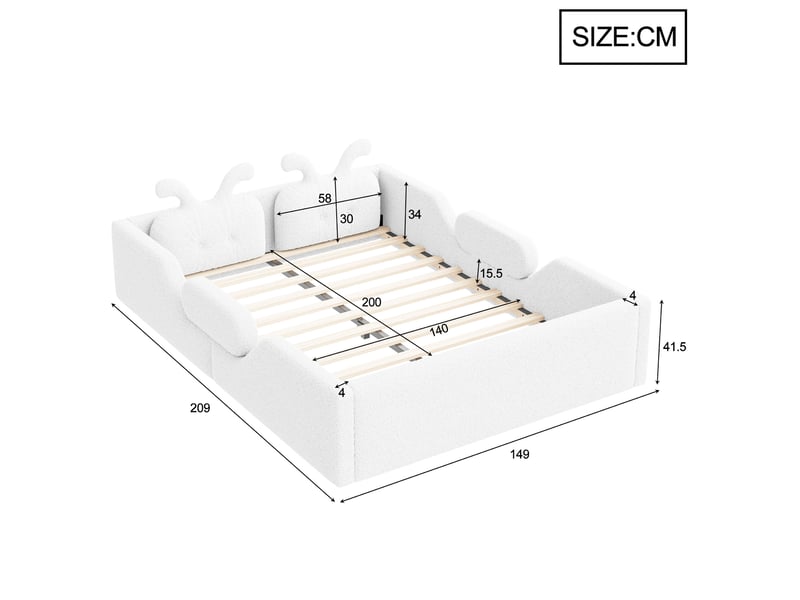  Lit enfant rembourré 140 x 200 cm avec tête de lit oreilles de lapin et barrières de sécurité, blanc  - Conforama C