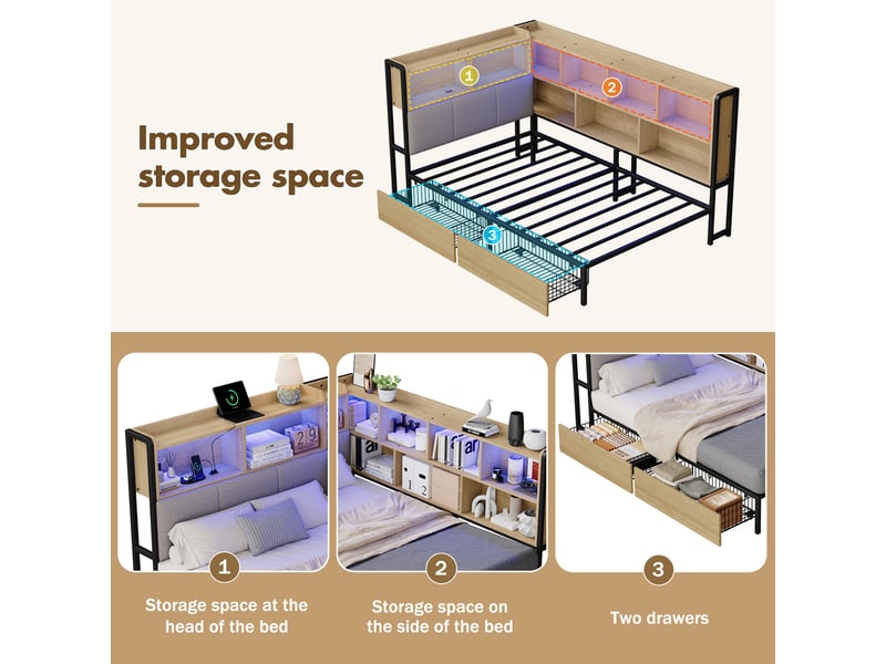 Lit simple 90x200 cm avec led et 2 tiroirs, lit enfant avec usb et usb-c et tête de lit rangement, naturel - Conforama C