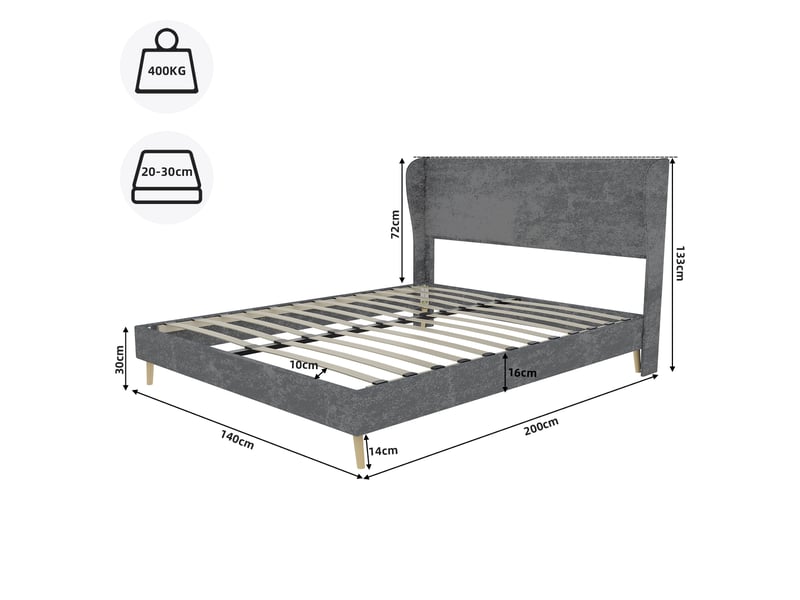  Lit adulte 140 x 200 cm, lit double, tête de lit et sommier, socle bas, velours gris, design moderne, sans matelas  - Conforama C