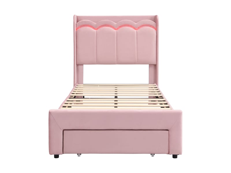 Lit enfant 90x200 cm avec led, tête de lit ondulée avec rangement, tiroir de lit, lit rembourré en velours rose OMNIGLINT TRADING LTD - Conforama A