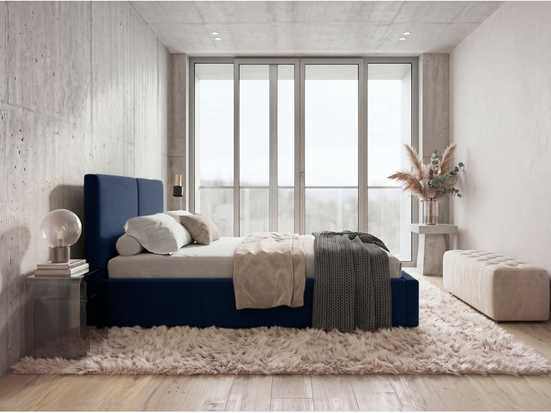  Lit coffre rembourré 120x200 2 places avec sommier relevable gratuit inclus et tête de lit - lit adulte avec rangement – bleu Hilton Interbeds - Conforama D