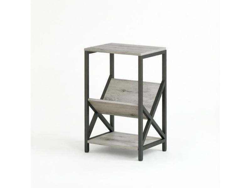  Table d'appoint étroite gris foncé en panneau de particules et acier, avec porte-revues en v et 3 niveaux de rangement  - Conforama A