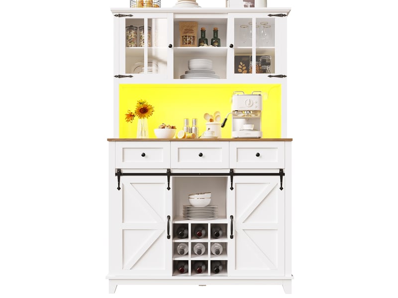  Buffet de cuisine 105x38,4x180 cm avec portes vitrées, casier à bouteilles buffet avec éclairage led, 4 portes,3 tiroirs,blanc  - Conforama A
