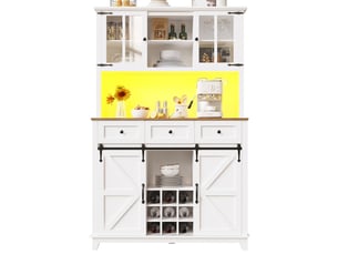 Buffet de cuisine 105x38,4x180 cm avec portes vitrées, casier à bouteilles buffet avec éclairage led, 4 portes,3 tiroirs,blanc