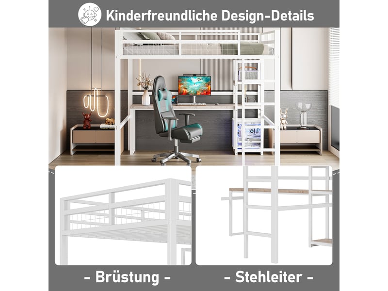  Lit mezzanine 140 x 200cm, blanc, sans matelas, structure métal, bureau et étagères, usb type-c, échelle  - Conforama D