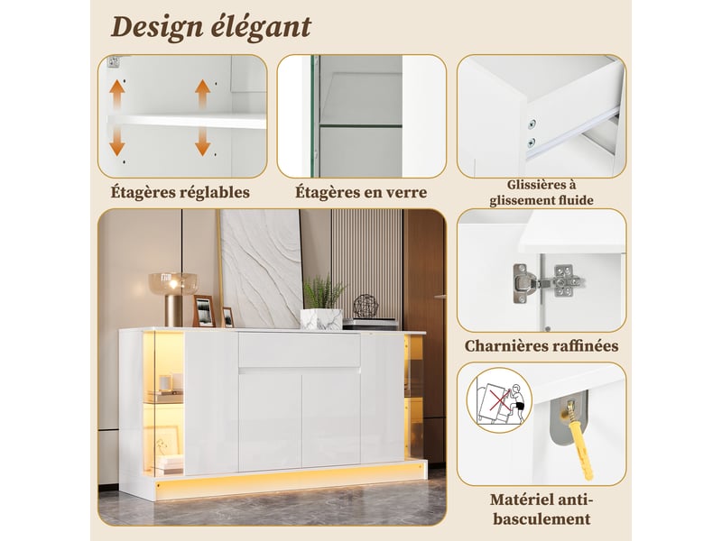  Buffet de rangement 150x40x75 cm, éclairage led, portes battantes, tiroir, éléments vitrés pour salon et salle à manger - blanc GL8834W - Conforama D