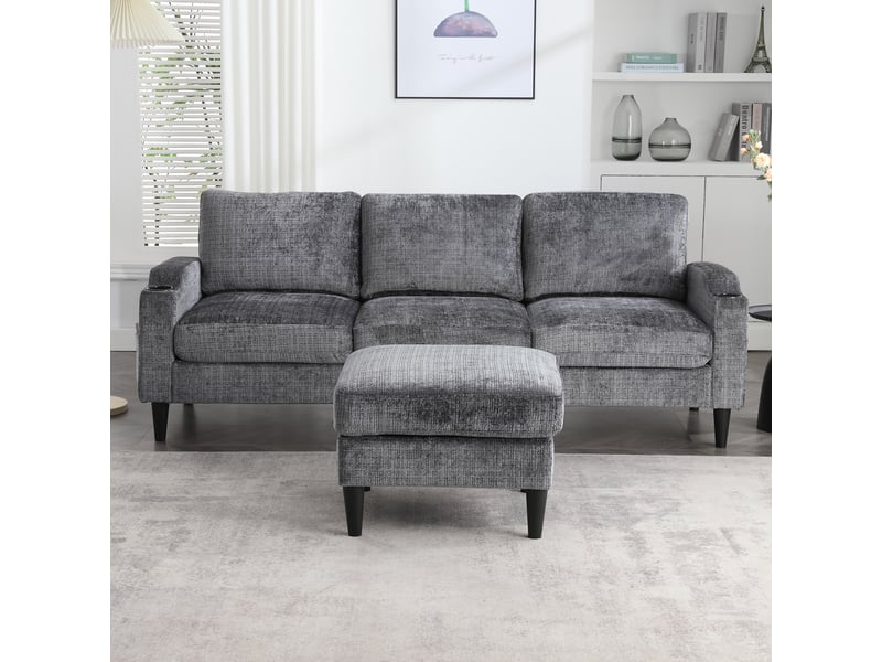  Canapé 4 places, canapé de salon – en velours, poches latérales, porte-gobelets, avec pouf, avec rangement, avec accoudoirs  - Conforama R