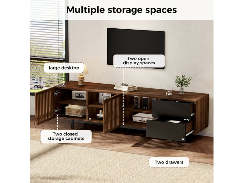  Meuble tv 160 cm en mdf noir et bois naturel – 2 tiroirs, portes à persiennes et niches ouvertes  - Conforama E