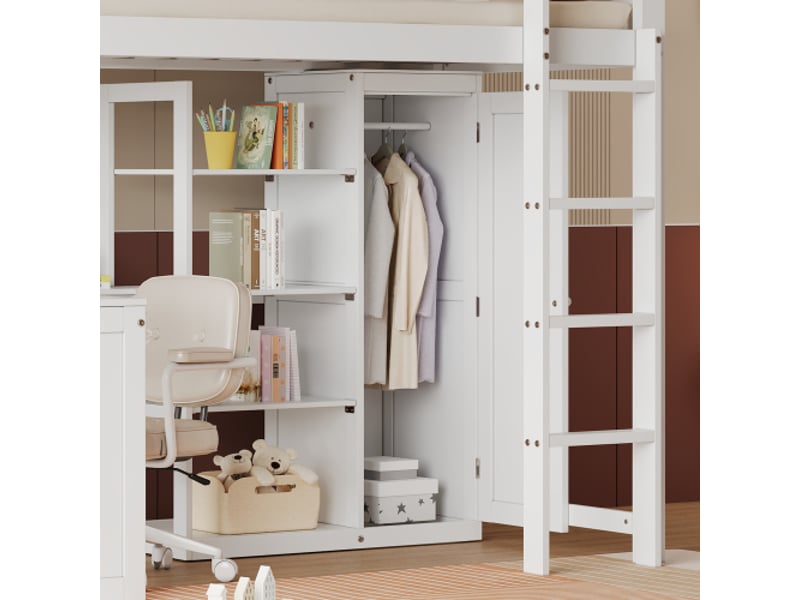  Lit mezzanine 90x200 cm, lit enfant avec table, armoire, grille antichute, étagères et échelle, en bois, blanc, sans matelas  - Conforama E