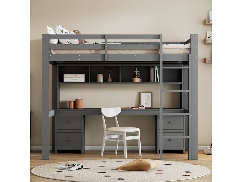  Lit mezzanine 90 × 200 cm 1 place avec bureau, 4 tiroirs et 4 étagères, sans matelas, en pin et mdf gris  - Conforama B