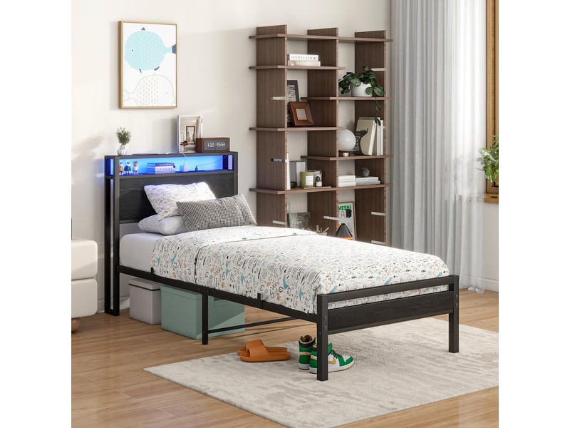  Lit coffre, lit enfant 90x200 cm, tête de lit avec rangement, led, métal et bois noir, usb  - Conforama E