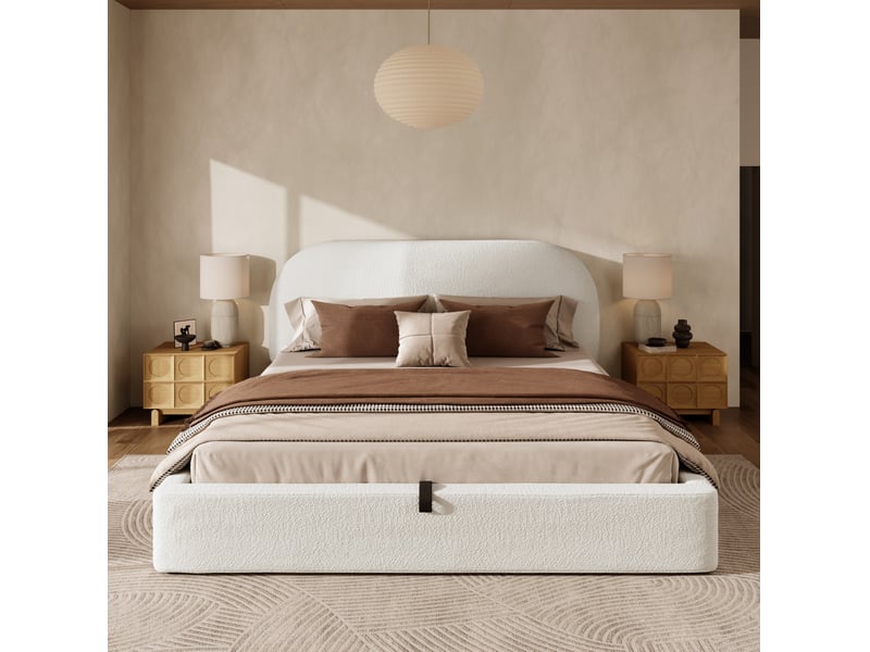  Lit coffre modenvie double 180 x 200 cm avec matelas inclus sommier à lattes tête de lit rembourrée bouclé beige  - Conforama E