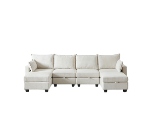 Canapé d'angle panoramique fixe OKMYHOME 6 places Tissu beige avec coffre de rangement